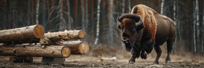 A bison lifting logs, showing off strength, in a woodland clearing