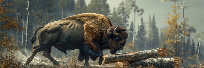 A bison lifting logs, showing off strength, in a woodland clearing