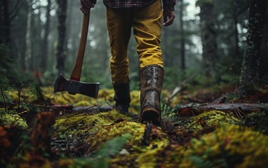 A Canadian lumberjack spirit in the misty forests of Quebec, axe in hand, his footprints left in the dewy moss - obrazy, fototapety, plakaty