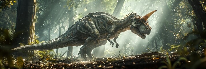 A Ceratosaurus ninja moving stealthily in a shadowy forest, its blade-like horn ready to strike at unsuspecting enemies - obrazy, fototapety, plakaty