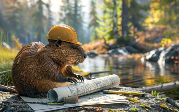 A beaver architect designing dam blueprints, with a hard hat and ruler, beside a river