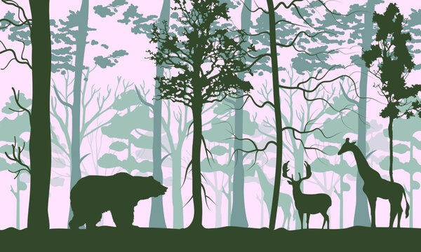 Morning forest silhouette with deer. Natural landscape vector background with forest wildlife view. Pine trees in fog, deer, elk or reindeer with antlers, forest plants