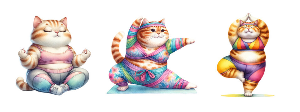 Watercolor cute cat yoga on white background.Isolated image.