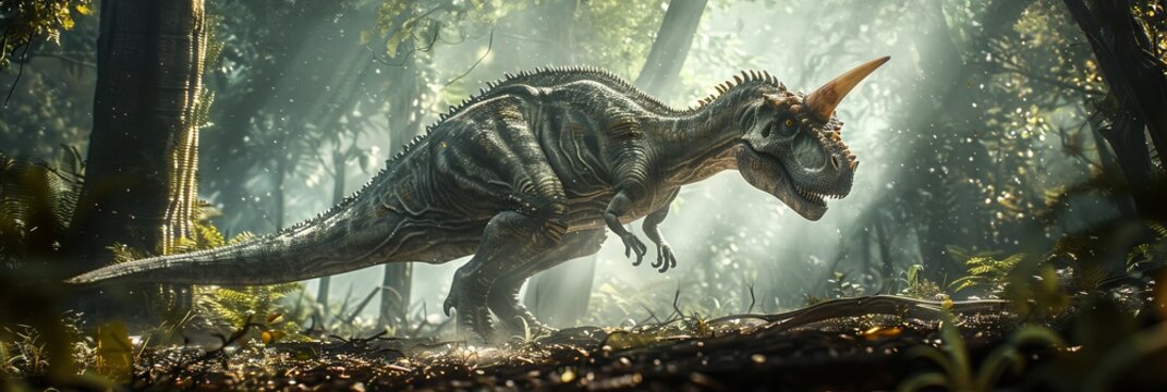 A Ceratosaurus ninja moving stealthily in a shadowy forest, its blade-like horn ready to strike at unsuspecting enemies