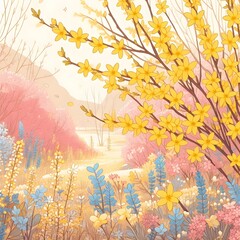 forsythia flower background - 개나리꽃. Generative AI