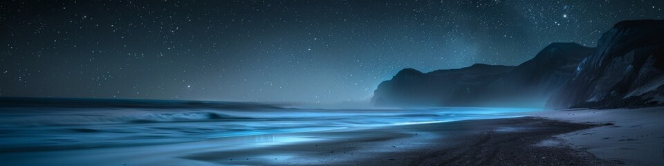 A dreamy beach where the sand sparkles like stars, and the waves glow with phosphorescence
