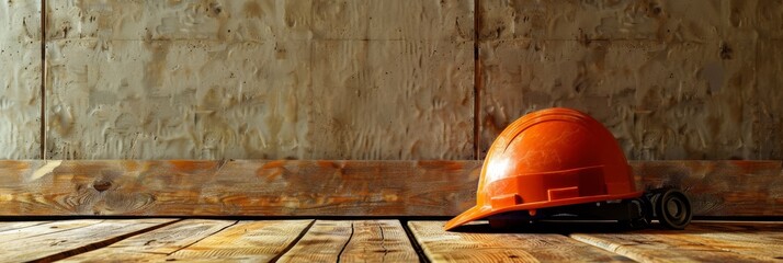 Orange protection helmet on simple industrial background. Occupational safety, work, building concept. Wide banner photo for news, advertisement, flyer, social networks, presentation.
