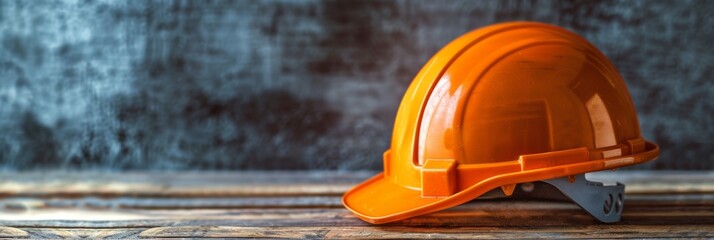 Orange protection helmet on simple industrial background. Occupational safety, work, building concept. Wide banner photo for news, advertisement, flyer, social networks, presentation.