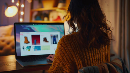 A person using a laptop to view a vivid pink high-heeled boot, representing the convenience and style of online shopping for fashionable footwear.