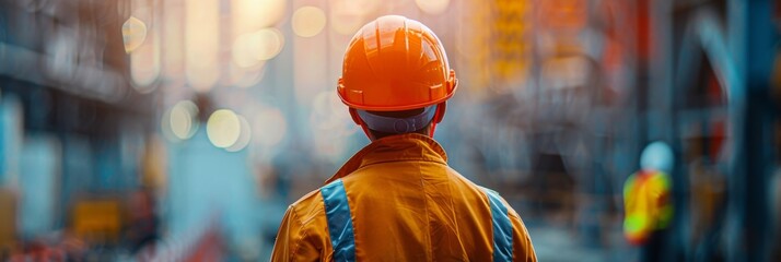 Man in worker uniform standing in the middle of construction site. Occupational safety, work, building concept. Wide banner photo for news, advertisement, flyer, social networks, presentation.