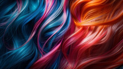 Vibrant cascade of different colored hair strands in artistic array. A vivid journey through rainbow hair inspirations - obrazy, fototapety, plakaty
