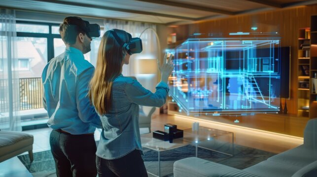A real estate agent giving a virtual tour of a property, with potential buyers exploring holographic rooms from their homes