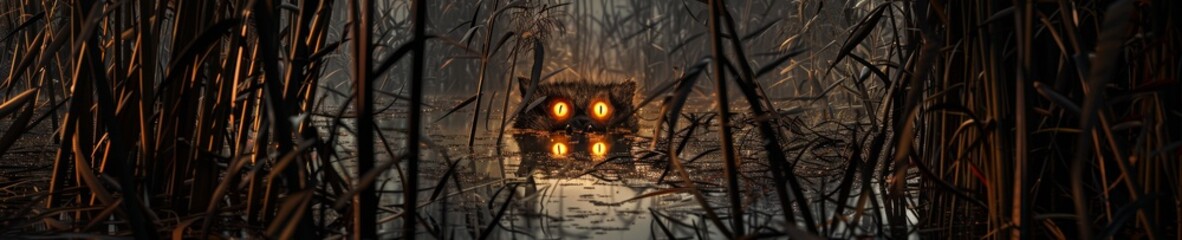 A South American Boitata in the wetlands, its fiery eyes illuminating the night, seen through the dense reeds