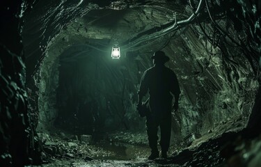 A spectral South African miner, trapped in the depths of a diamond mine, his lantern light flickering in the dark tunnels