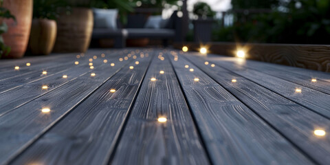 Fototapeta na wymiar Wooden deck with suspended lights inviting a path to the garden . 