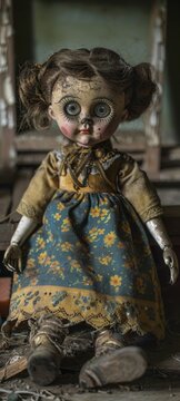 A twisted doll come to life in a neglected toy room, its glassy eyes following movements with malevolent intent