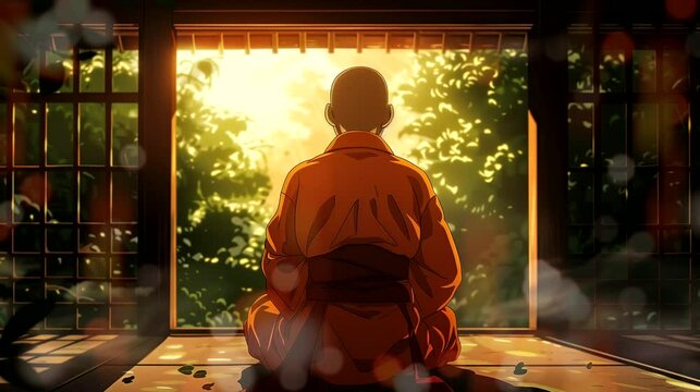 Monk activity . Fantasy landscape anime or cartoon style, looping 4k video animation background