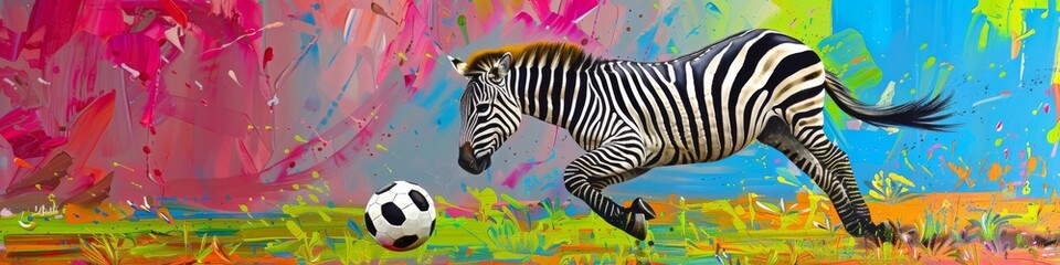 A zebra playing soccer, skillfully dribbling a ball, on a vibrant field