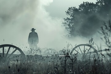 An American Civil War ghost in a tattered uniform, wandering through a foggy battlefield, with cannons silent and eerie - obrazy, fototapety, plakaty
