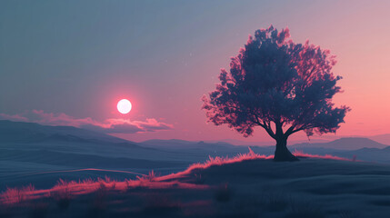Fototapeta na wymiar A single tree on a small hill. amidst the sunset, illustration
