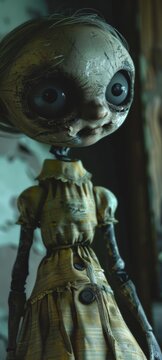 A twisted doll come to life in a neglected toy room, its glassy eyes following movements with malevolent intent