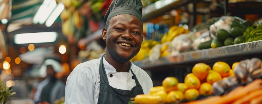 African chef in a market, smiling as he chooses the freshest ingredients, his passion evident