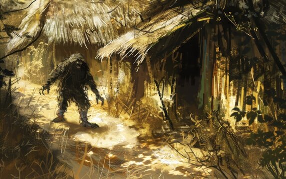 An African Tokoloshe, causing mischief in a village, its small, impish form barely seen in the shadows of the huts