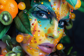 A woman's face is covered in fruit and vegetables, including strawberries, oranges, and kiwis. The colors are bright and vibrant, giving the impression of a healthy and energetic lifestyle