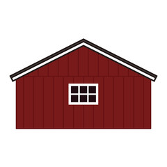Cartoon red wooden barn house, gray roof, windows with boards. Vector Outline isolated hand drawn illustration on white background, front view