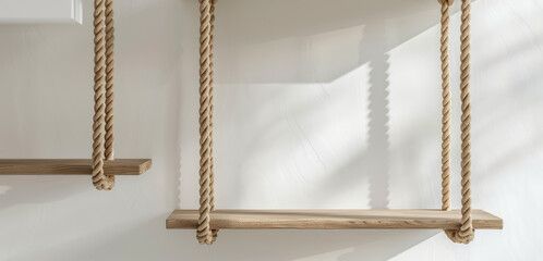 Minimalist Wooden Wall Ladder. Close-up of minimalist wall ladder with wooden rungs secured by rope, sports complex for children's room, copy space. - obrazy, fototapety, plakaty