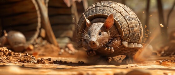 An armadillo curling into a ball and rolling through an obstacle course race - obrazy, fototapety, plakaty