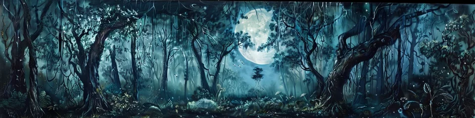 Crédence de cuisine en verre imprimé Forêt des fées An enchanted forest within Eden Park, where trees whisper ancient secrets and mystical creatures roam under moonlit canopies