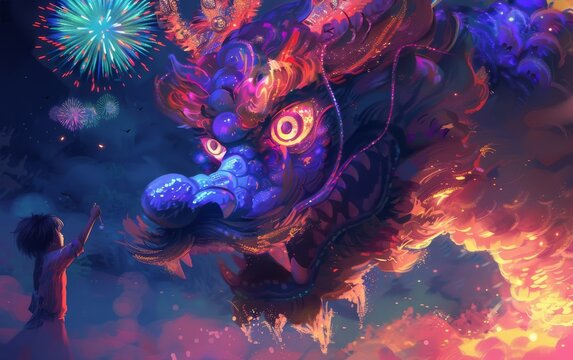 An Asian Nian monster, emerging during Lunar New Year, its fierce eyes and colorful scales visible in the fireworks' light