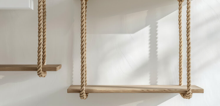 Fototapeta Minimalist Wooden Wall Ladder. Close-up of minimalist wall ladder with wooden rungs secured by rope, sports complex for children's room, copy space.