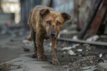 An injured stray dog limping through empty streets, its eyes telling a tale of survival against the odds - obrazy, fototapety, plakaty