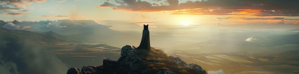 Cape-wearing cat gazes at the break of dawn, atop highland realm - obrazy, fototapety, plakaty
