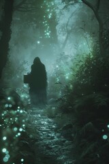 Djinn appearing from a dark gift box in an enchanted forest, with bioluminescent plants and a glowing, foggy path