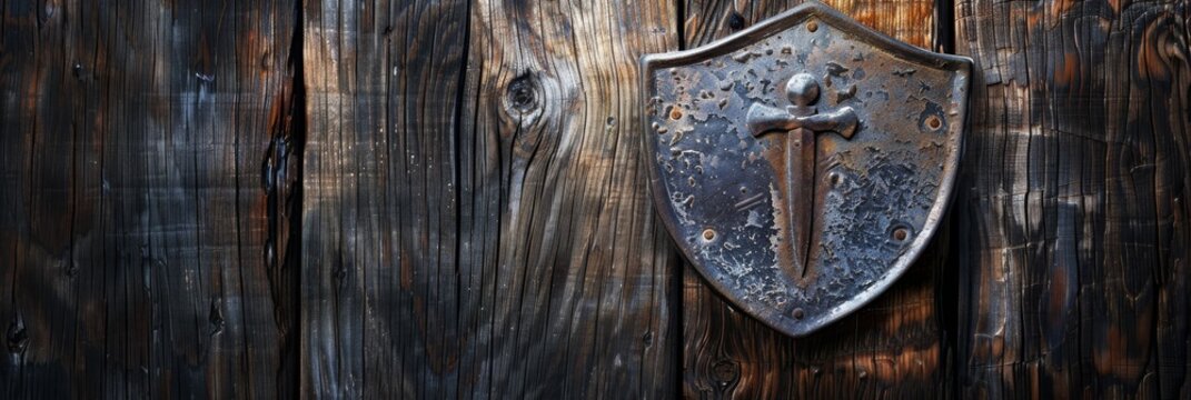 Grey metal shield on dark wooden background. Wide photorealistic banner with copy space. Security, protection, medieval and smithy concept.