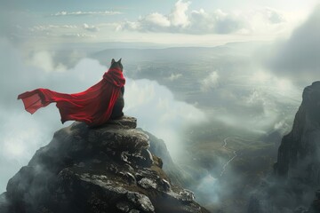 Mystic cat on a summit, red cape in wind, overlooking misty valleys - obrazy, fototapety, plakaty