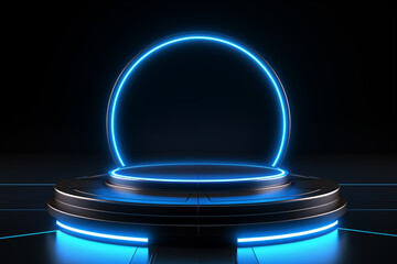 Futuristic circular podium with blue neon light on dark background