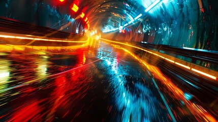 Neon-drenched underground racing scene with reflective wet streets and streaking lights