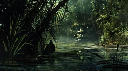 The monster from the depths of the Amazon, lurking in the shadows, watching explorers from the water's edge
