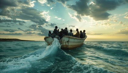 African refugees departing in old wooden boat overloaded motor vessel heading in open sea near Africa coast for better life. SOS, war refugees and social or mental poverty issues concept image - obrazy, fototapety, plakaty