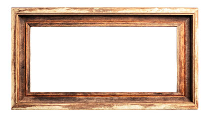 Old brown wooden wide frame on a white and transparent background. PNG.