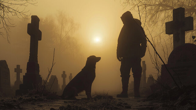 Foggy morning, soldier and dog by graves, silhouette, backlit, wide shot, somber mood.