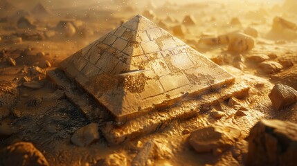 The setting sun casts a golden glow on a lone pyramid standing resilient against the swirling sands of a fierce sandstorm.