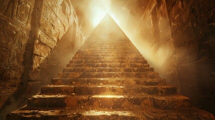 A mystical beam of light illuminates the dusty interior of an ancient Egyptian pyramid, revealing detailed hieroglyphs on its walls.