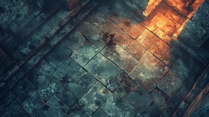 An ancient stone corridor reveals its secrets under the warm glow of an unseen light, casting deep shades of blue and orange. - obrazy, fototapety, plakaty