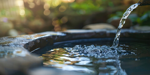 Natural water source, well. Close-up Water gently flowing from a natural stone fountain into a serene pond, copy space.