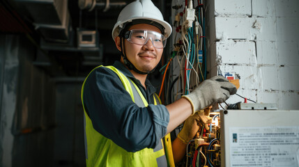 A professional electrician is smiling while working on a complex electrical panel